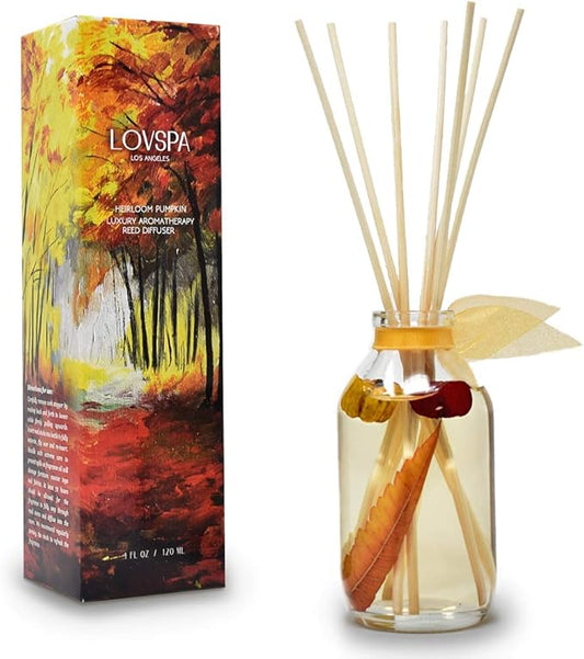 LOVSPA Reed Diffuser Set, Heirloom Pumpkin Scented Oil Diffuser with Sticks, Home Fragrance Accessories for Bathroom Shelf Decor, Aroma Diffusers for Home or Office Fall Decor, USA Made