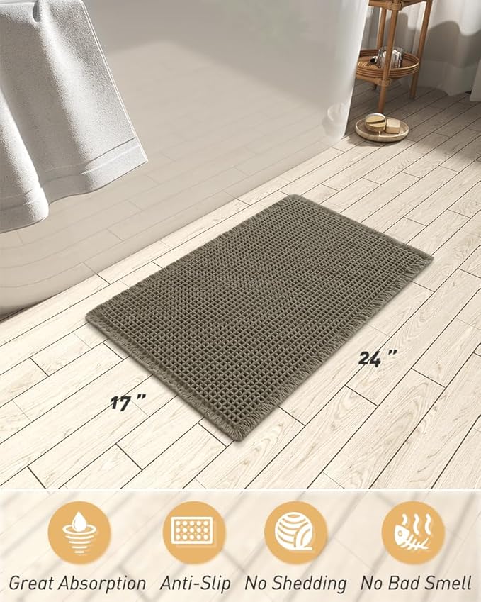AMOAMI Upgraded Waffle Bath Mat, Super Absorbent Non Slip Bath Mats for Bathroom Floor, Machine Washable Bathroom Rugs with Tassels, Rubber Backed Bathroom Mats, Ultra Soft, 17" x 24", Dark Green