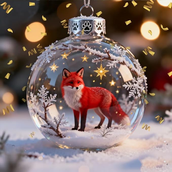 2026 Wildlife Wonders Collection Crystal Glass Ornament, Vivid 3D Animal Christmas Decoration, Clear Plastic Xmas Balls, Luxury Winter Tree Decor Sparkling Star Accents,Holiday Ornaments(Red Fox)
