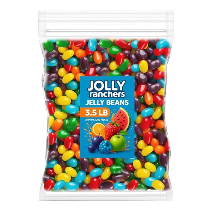 JOLLY R. Jelly Beans, 3.5 lb Bulk Candy (~1,200 Pieces) – Strawberry, Orange, Watermelon, Blue Raspberry, Grape & Green Apple – Resealable Stand-Up Pouch, Rainbow Fruit Mix for Parties & Piñatas
