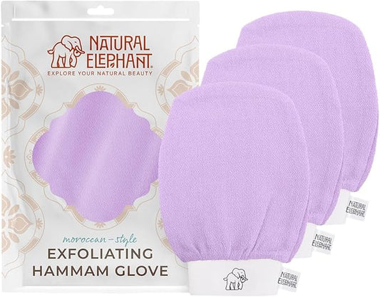 Natural Elephant Exfoliating Hammam Glove | Authentic Moroccan Kessa Body Scrub Mitt for Spa-Quality Skin Renewal | Lovely Lilac 3 Pack