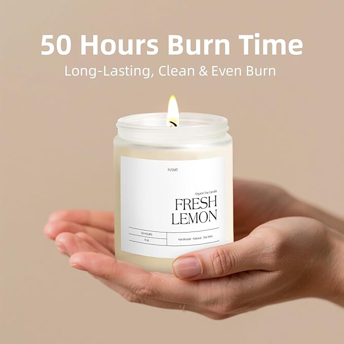 Fresh Lemon Highly Scented Candle for Home, 9oz Natural Soy Aromatherapy Non Toxic Candles with Essential Oil, Home Fragrance Stress Relief & Meditation Jar Candles Gifts for Women & Men, White