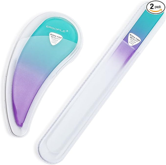 Bona Fide Beauty Ergonomic Nail File Set - 2PC Czech Glass Ergofile Set for Natural Nails and Acrylic Nails (Pastel Green and Violet)