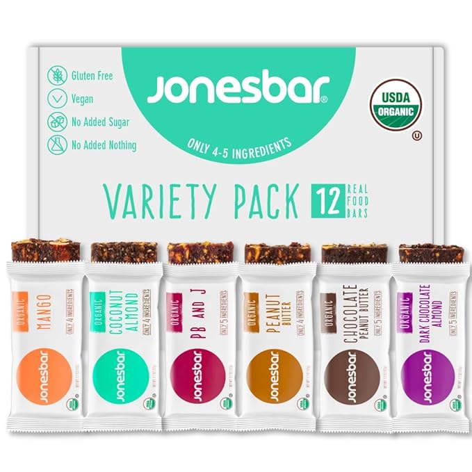 JONESBAR (Variety Pack, 12 Count (Pack of 1)), USDA Organic Fruit & Nut Bar, Non-GMO, Kosher, Vegan, Gluten Free, Simple Snack Bar