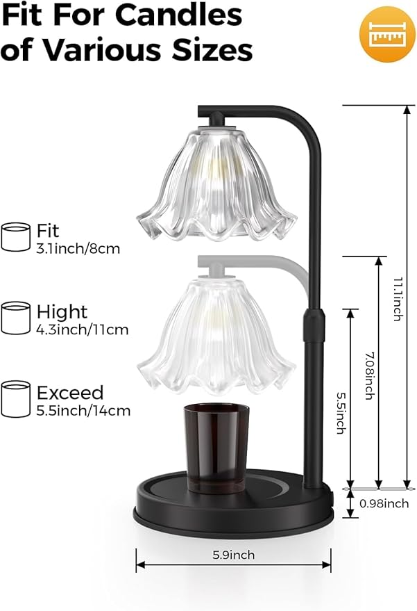 Flower Candle Warmer Lamp with Timer - Adjustable Height Wax Melt Warmer for Scented Jar Candles Light, Women Birthday Gifts for Mom, House Warming Gifts New Home Vintage Room Decor, Black