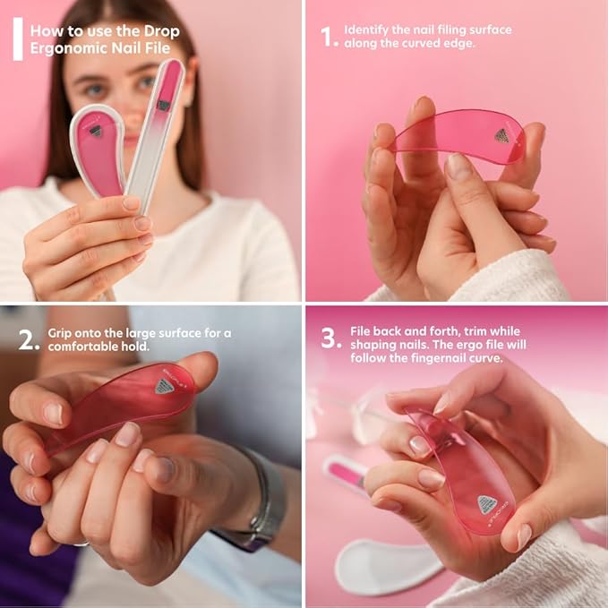 Glass Nail File Set by Bona Fide Beauty - Ergo File - Premium Nail Care Tools Genuine Czech Glass (Pink)