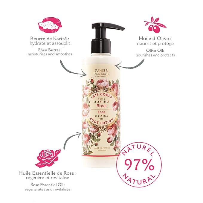 Panier des Sens – Rose Hand & Body Lotion for Dry Skin - Hydrating Body Cream for Women - Nourishing Fluid Body Moisturizer Shea Butter & Olive Oil - 97% Natural Ingredients Body Care - 8.45 Floz