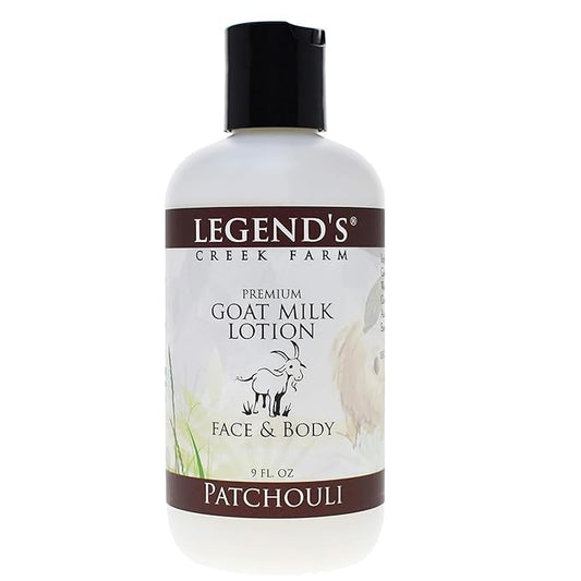 Legend's Creek Farm Goat Milk Lotion - Deeply Moisturizing Goat Milk Body Lotion for Body, Hand & Face - 9 oz Body Moisturizer with Shea Butter, Sunflower Oil, Aloe, Handmade in USA (Patchouli L.)