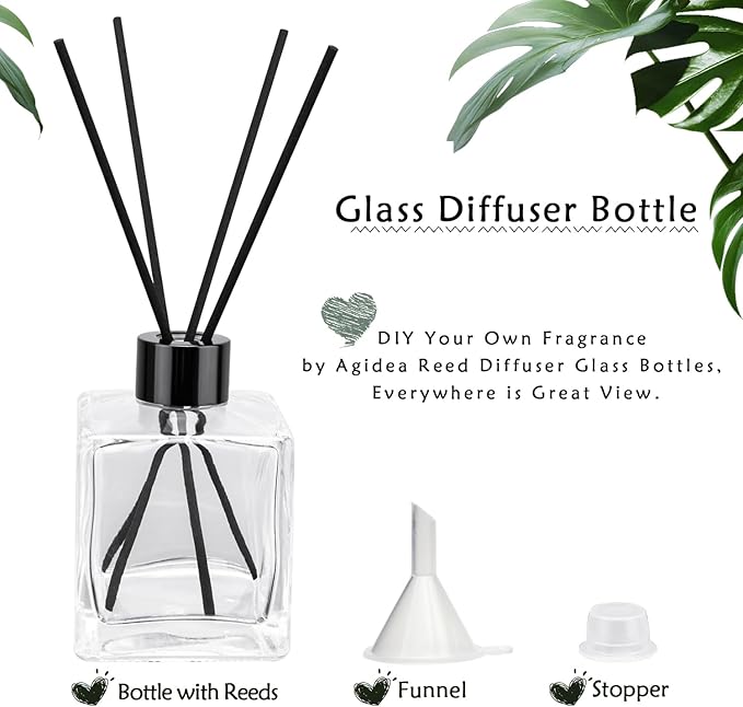 4PCS Glass Diffuser Bottles, Refillable Square Shape With 20pcs Reeds Sticks, Black Caps & Funnel, 4.05" High 200ml 7.05 fl oz. Jars for Home Oil Fragrance Decoration