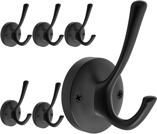 Black Wall Hooks, 6 Pack Coat Towel Hook Heavy Duty Metal Double Bath Robe Hook Wall Mounted, Hat Hooks for Cubicle Bathroom Kitchen Closet Garage