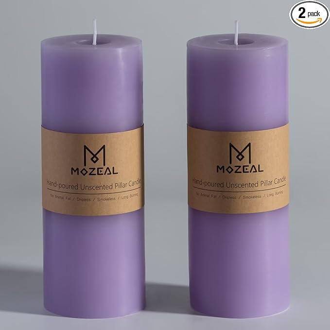 MOZEAL 3" x 8" Hand-Poured Unscented Large Candle, Smokeless Rustic Pillar Candle Set of 2, Slow Burn, No Drip, Approx 150 Hours Burning, Wedding, Relaxation and Home Decorative, Tall Lavender Candle