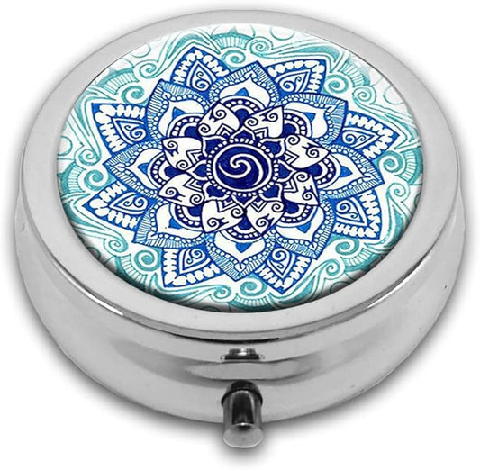 Blue Marble Pill Box Purse Pocket Small Round Silver Pill Case Decorative Box Metal Medicine Vitamin Pill Organizer Portable Unique Gift