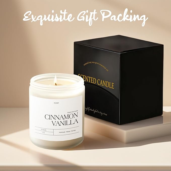 Cinnamon Vanilla Candles for Home Scented, Natural Soy Wax Aromatherapy Non Toxic Heavy Scented Candle with Essential Oil, Home Fragrance Stress Relief Jar Candles Gifts for Women & Men 9oz