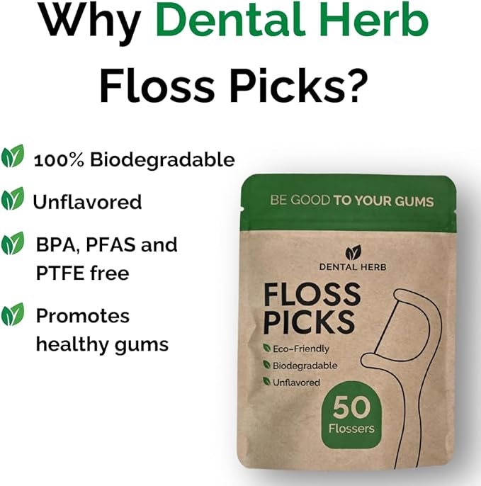 Dental Herb Company Biodegradable Dental Floss Picks, 200 Count (4×50) - Unflavoured, Plant-Based, Plastic-Free & BPA-Free Tooth Flossers, Vegan & Eco-Friendly Oral Care