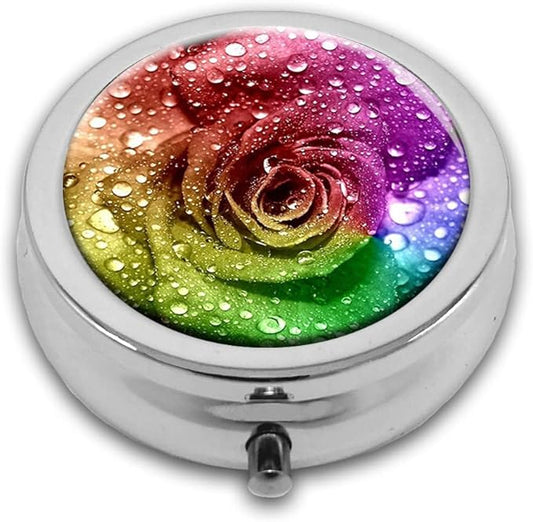 Colorful Rose with Water Drop Pill Box Purse Pocket Small Round Silver Pill Case Decorative Box Metal Medicine Vitamin Pill Organizer Portable Unique Gift