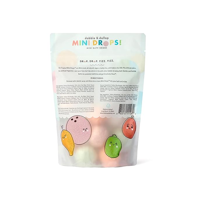 Dabble & Dollop Mini Bath Bombs, 100% Natural Droplets for Kids, Tropical Scents - Resealable Pouches, USA Made, Fizzy, Moisturizing & Fun, Vegan, Gluten-Free, Cruelty-Free (Set of 24)