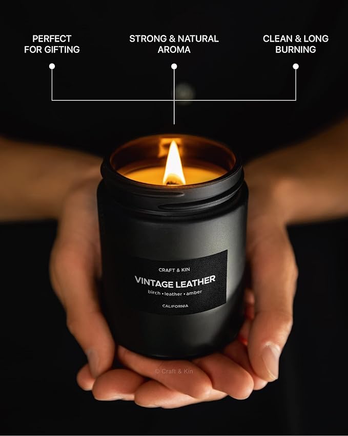 Craft & Kin Premium Vintage Leather Candle | Black Fall Scented Candles for Men | Long Lasting with 45 Hour Burn Time, 7.6oz | Made with Fall Soy Candles | Aromatherapy at Home | Gifts for Men