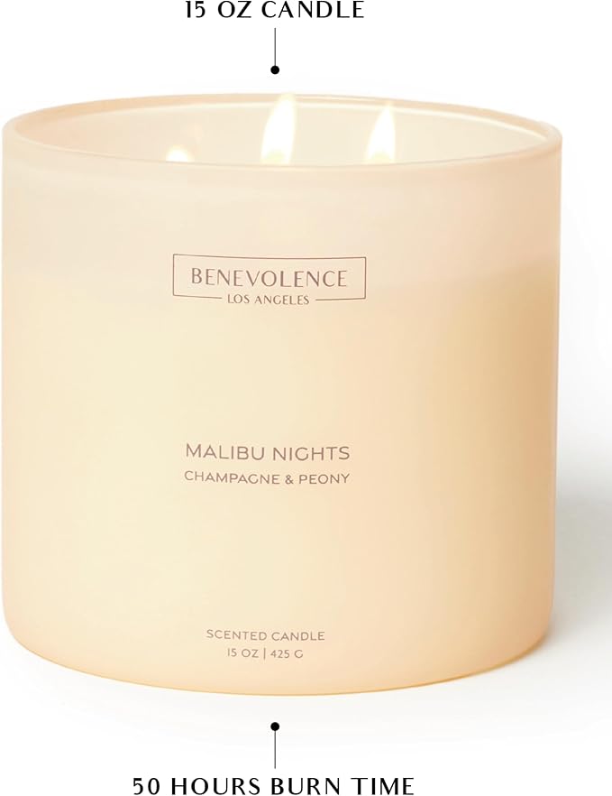 Champagne & Peony – Benevolence LA Large 3-Wick Fall Scented Candle for Home | 15oz, 50-Hour Burn | Natural Soy Wax, Cotton Wicks | Romantic Autumn Fragrance | Malibu Sands Collection – Gift for Women