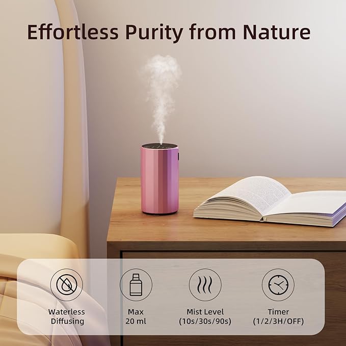 Essential Oil Diffuser Waterless Scent Aromatherapy Diffusers for Home Large Room, Bedroom, Car, Office,Desk, Battery Operated, Small Cordless Air Freshener Machine, 3 Countdown Timers & 3 Mist Levels