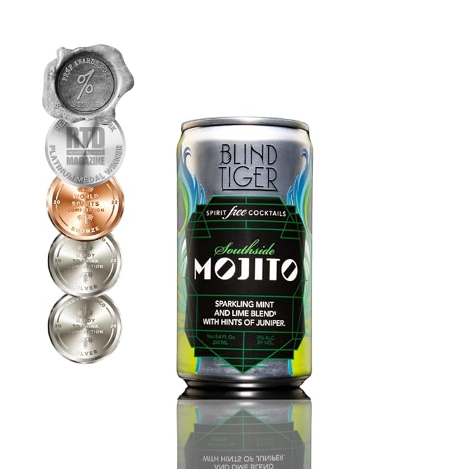Blind Tiger Southside Mojito 4-Pack | Lime, Mint & Juniper Non-Alcoholic Sparkling Mocktail | Crafted with Natural Ingredients | Mixers, Cocktails, Mocktails | 8.4 fl oz Cans