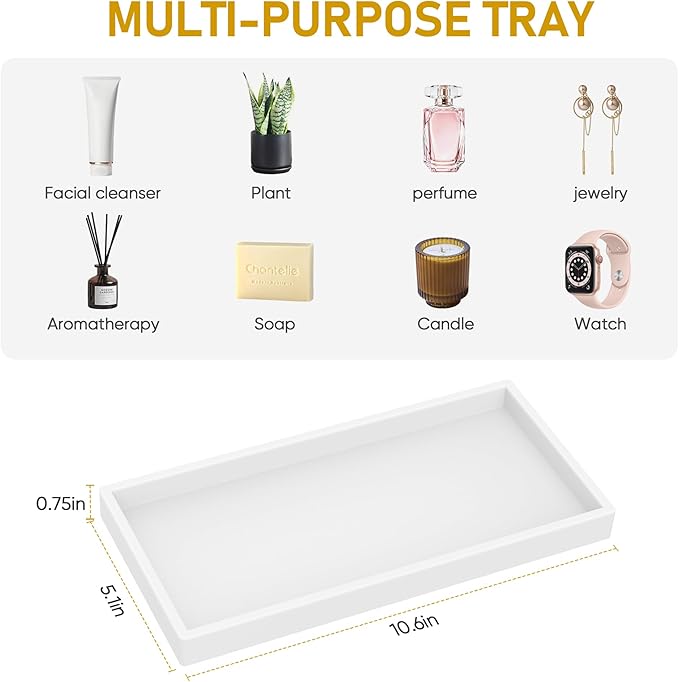 Bathroom Counter Tray,EG-SIPRO High-Grade Thickened Silicone Bathroom Vanity Tray,Shatterproof Rectangle Bathroom Tray Soap Dispenser Tray for Bathroom Countertop, Pure White, 10.6''×5.1'', (EGTRAY)