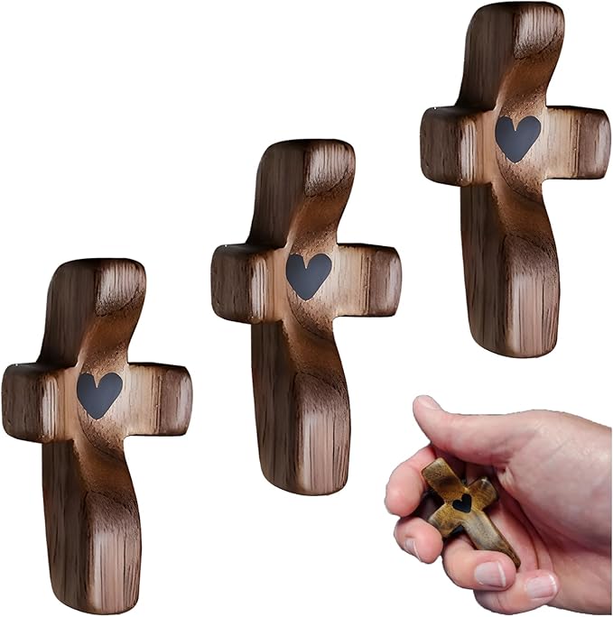 Atlodas Cross My Heart, Encouragement Gift, Relieve Anxiety Comfort for Clutching, Clinging and Praying, Wooden Cross Fidget, Pocket Olive Wood Crosses Religious Gift for Children and Adults (3 Pcs)