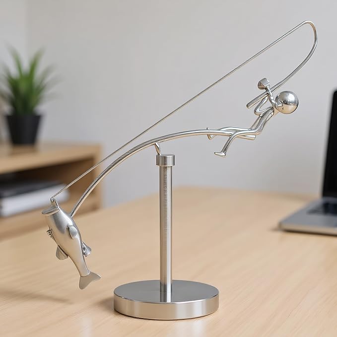 Kinetic Fishing Sculpture - Balance Art for Your Space, Fisherman Kinetic Balancing Desk Toy Fishing Physics Sculpture for Home Office Art Deco, Stainless Steel Balance Physics Toy (1pcs)