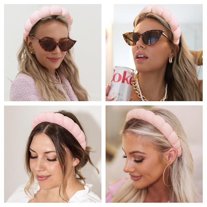 Spa Headbands for Washing Face or Makeup, Sponge Bubble Skincare Headbands, Puffy Terry Cloth Hairband for Women, Skin Care Makeup Headwear Hair Accessories for Girls (Beige)