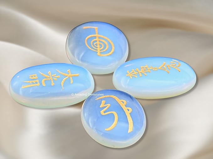 Amazing Gemstone Opalite Crystal Reiki Stones with Engraved Symbols for Usui Reiki Healing, Set of 4 Pcs (Indian Handmade Reiki Gift Set)