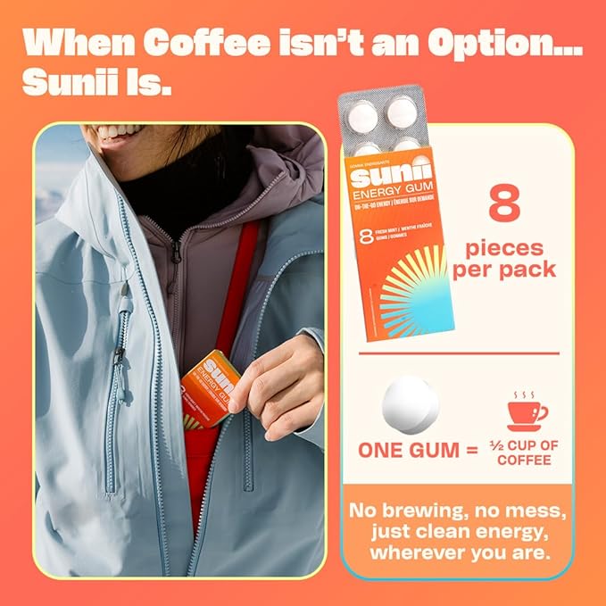 Sunii - Energy Gum - NEW Quick Boost Energy & Focus - 50mg Caffeine Gum -Vitamins B6 & B12, Taurine, Vegan, No Sugar, Zero Calorie, Fresh Mint Taste - Faster than Chews, Drinks, Gels & Pills (48pcs)