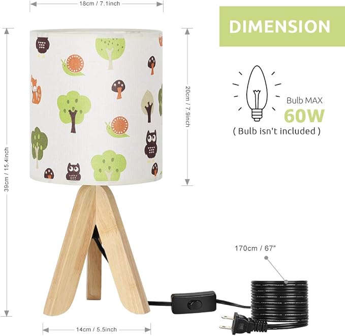 HAITRAL Tripod Table Lamp - Kids Nightstand Lamp with Fabric Cartoon Lampshade for Bedrooms and Living Room