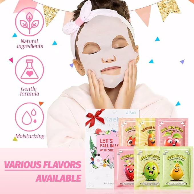 Kaely 6 Pack Fruit Face Masks for Kids, Kids Face Mask Spa Day Kit Supplies, Spa Party Favors for Teens Girls Women, Sheet Facial Mask Skincare Gifts Set, Moisturize Soothe for All Skin Types, 02