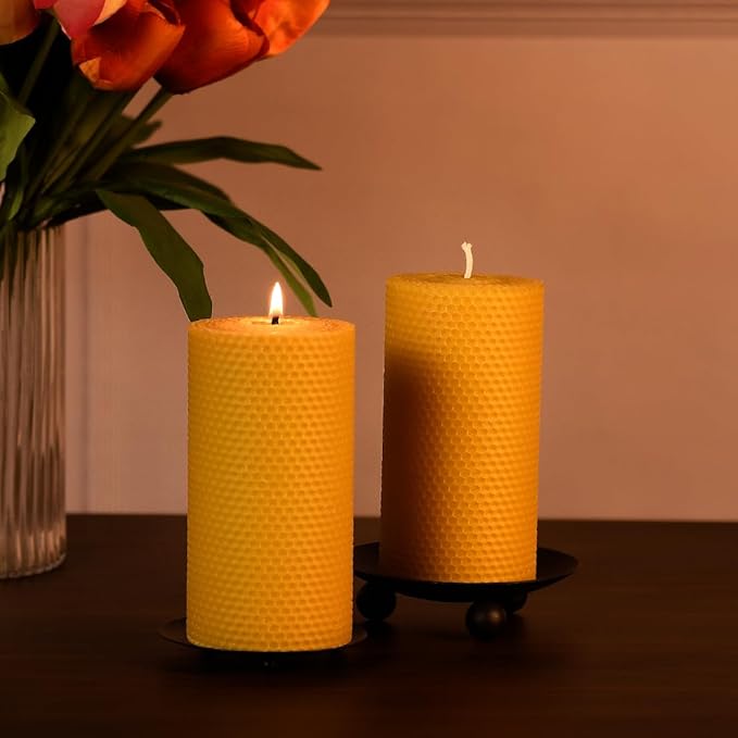 Beeswax Pillar Candle - 3×6 in Handmade Pure Beeswax Rolled Candle for Gift & Home Decor