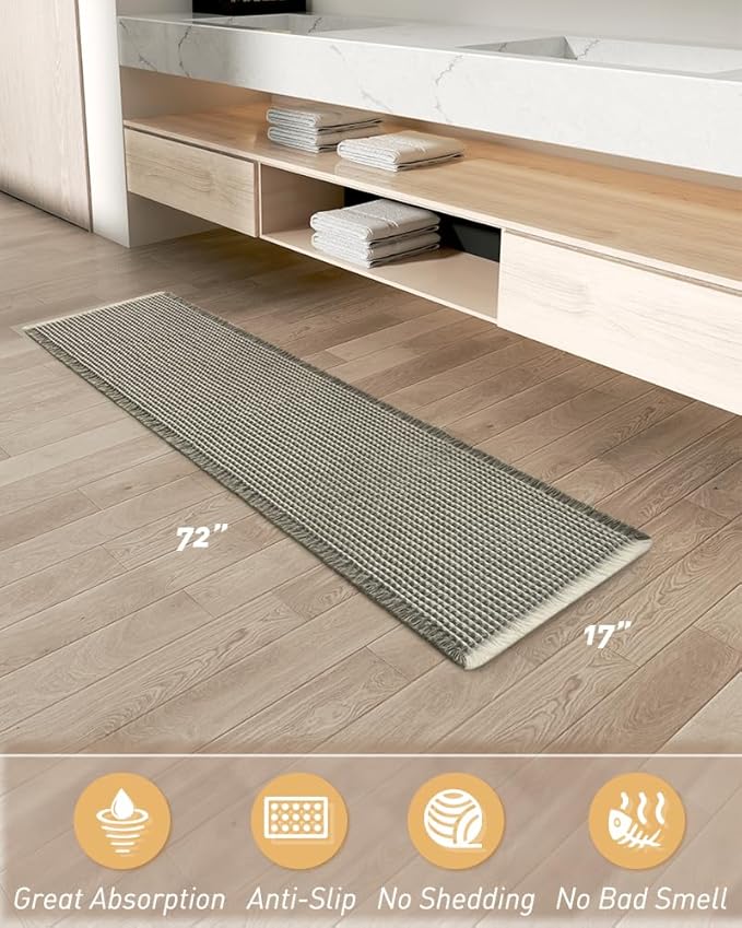 AMOAMI Upgraded Waffle Runner Rug Super Absorbent Non Slip Bath Mats for Bathroom Machine Washable Bathroom Runner Rug with Tassels, Ideal for Hallway Bedroom Laundry Room, 17" x 72‘’, Green & Cream