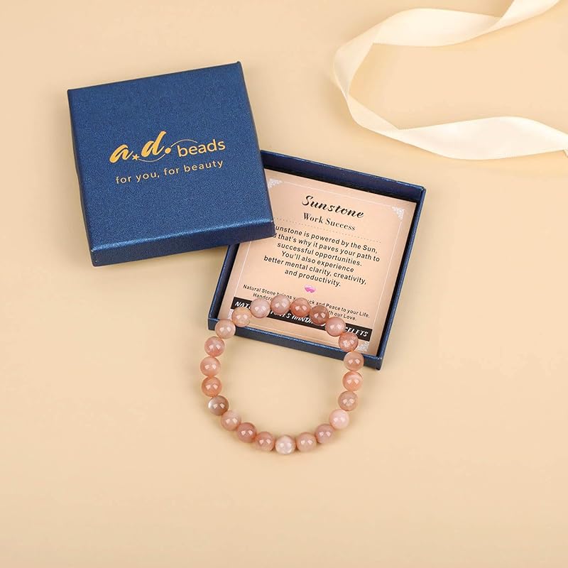 AD Beads Handmade Gemstone Stretch Elastic Bracelet Crystal Healing Reiki Nature's Beauty and Spiritual Essence Unisex (10mm, Sunstone (Work Success))