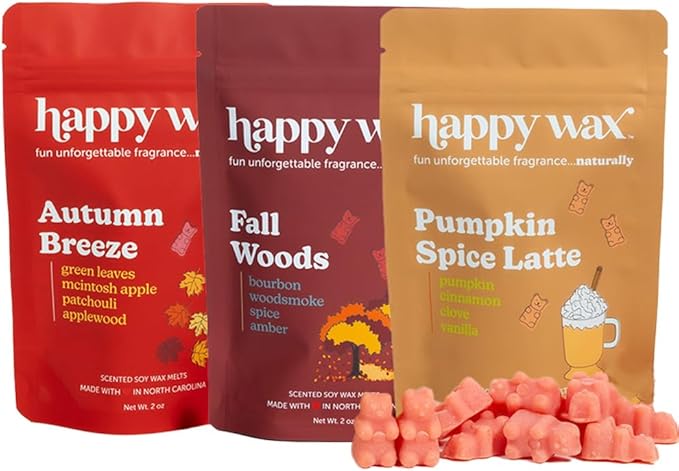 Happy Wax Fall Mix Premium Scented Natural, Non Toxic Soy Wax Melts – 6 Total Oz. of Scented Wax Melts. Includes: Fall Woods, Autumn Breeze, and Pumpkin Spice Latte