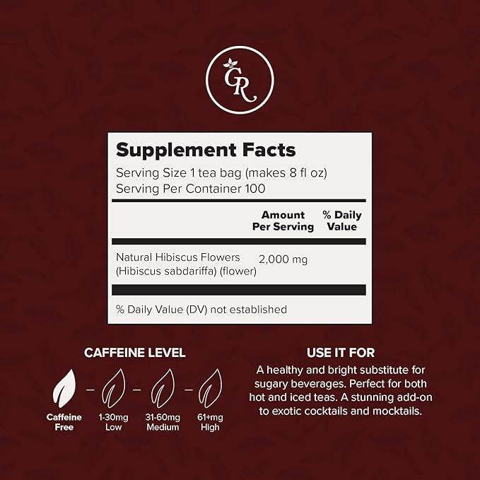 Gourmet Royale Hibiscus Tea, 100 Count, Sustainable Tea Bags, Pure Hibiscus Flowers, Caffeine & Sugar Free, Non-GMO & Vegan, Grown in Sri Lanka, (Pack of 1)