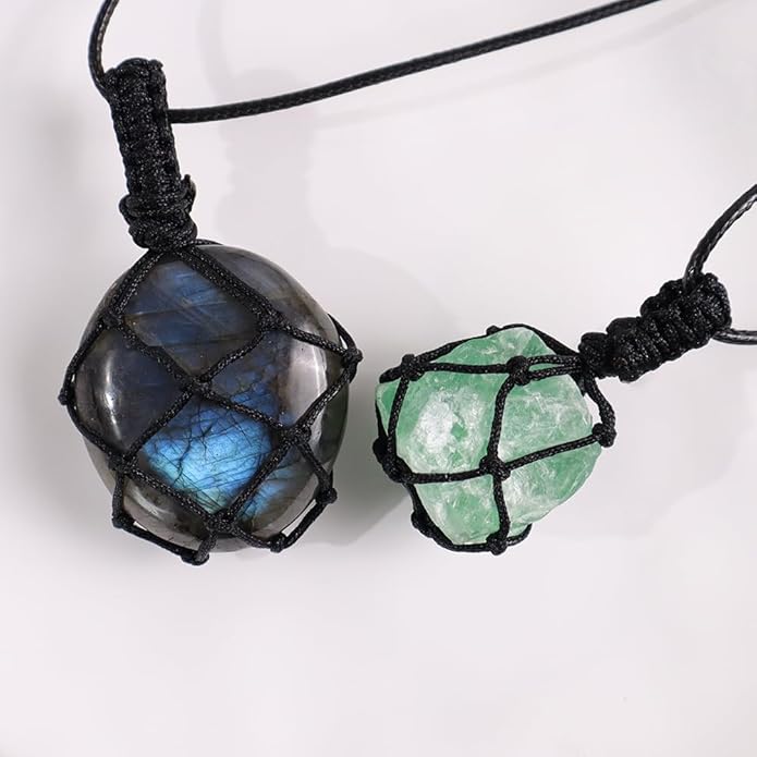 Handmade Natural Gemstone Crystal Pendant Necklace Stone Holder Necklace Cord Net Necklace with Adjustable Length for Women Men