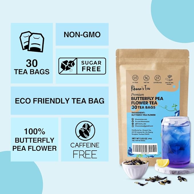 KHWAN'S TEA - Butterfly Pea Flower Tea Bags, Blue Herbal Tea Caffeine Free Natural Coloring, Sourced from Thailand