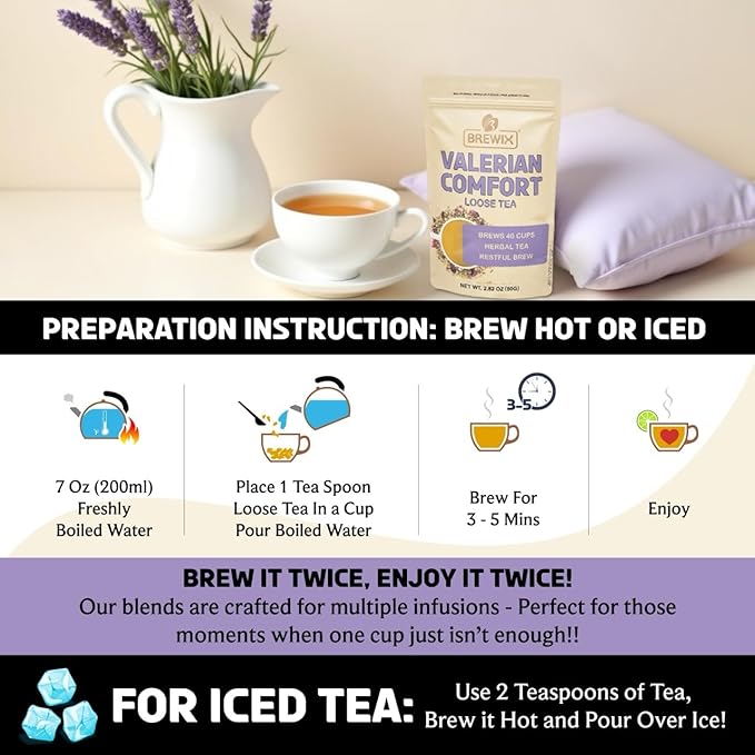 BREWIX, Valerian Comfort Tea for Sleep and Relaxation (40+ Cups, 2.82oz/80g) Caffeine-Free and Calming for Bedtime | Valerian Root, Chamomile & Lavender | Perfect Wellness Sleep