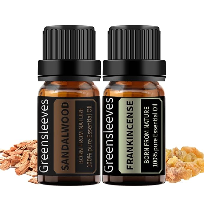 GREENSLEEVES Sandalwood Frankincense Essential Oil Set, 2 x 10ml Pure Plant-Based Fragrance Oil for Aromatherapy, Essential Oils for Diffuser, Massage, Bath Bomb, Scented Candle Soap Making