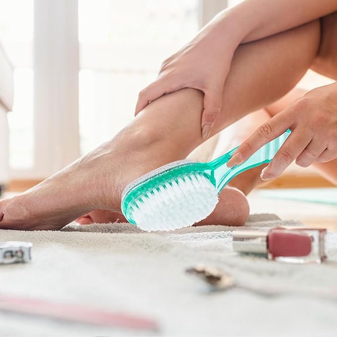 4 Pcs Foot Brush for Shower with Handle 2 in 1, Large Foot Pumice Stone Brush Scrubber Foot File Calluses Remove Suitable for Horniness Foot Spa,Foot Care Smooth Skin (Green&Transparent)