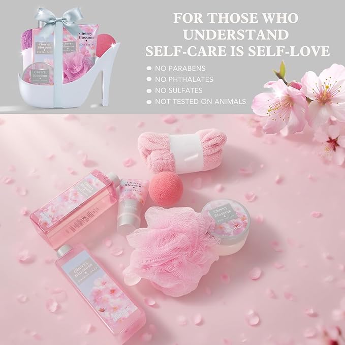 Cherry Blossom Gifts for Women Spa Basket, High Heel Bath Set with Shower Gel & Bath Bombs, Mother's Day Birthday, Anniversary Gifts for Mom, Sister, Bestie