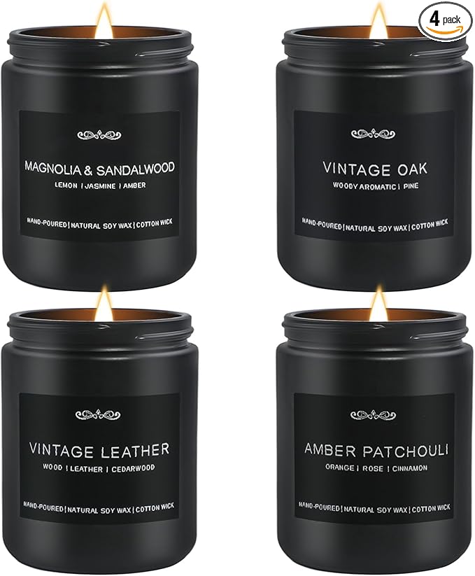 Scented Candles Gifts, Gift for Men, 4 Pack Candles Set, Soy Candle for Home Scented, Birthday Gifts Candle Set for Men Scents of Magnolia Sandalwood/Oak/Amber Patchouli/Leather