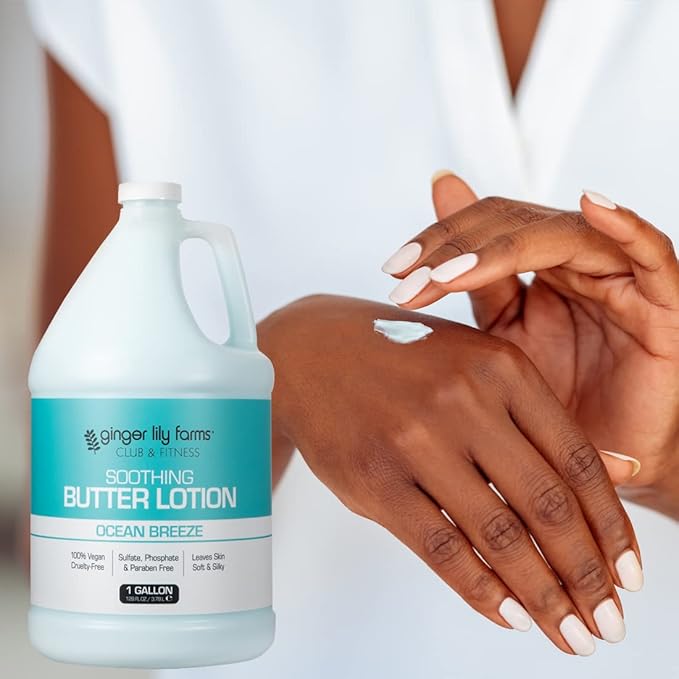 Ginger Lily Farms Club & Fitness Soothing Butter Lotion for Dry Skin, 100% Vegan & Cruelty-Free, Ocean Breeze Scent, 1 Gallon (128 fl oz) Refill