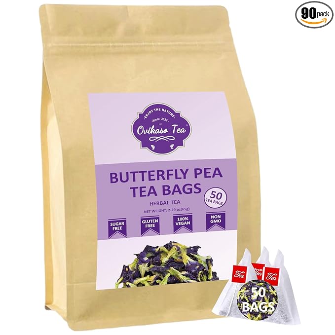 Ovikaso Tea, Butterfly Pea Flower Tea Bags, 50 Pyramid Tea Bags, 1.3g/bag, 100% Natural, Non-GMO, No Caffeine, Brew Hot or Iced tea, Baking, Cocktail, Herbal Tea