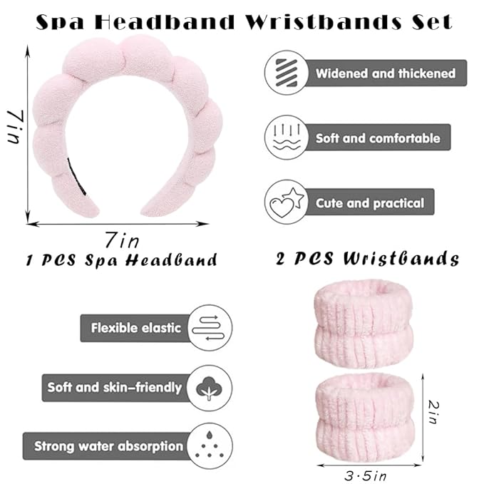 Spa Headbands for Washing Face Wristband Set Sponge Makeup Skincare Headband Wrist Towels Bubble Soft Terry Towel Cloth Hairband for Women Puffy Headwear Non Slip Thick Thin Hair Headwear (Light pink)