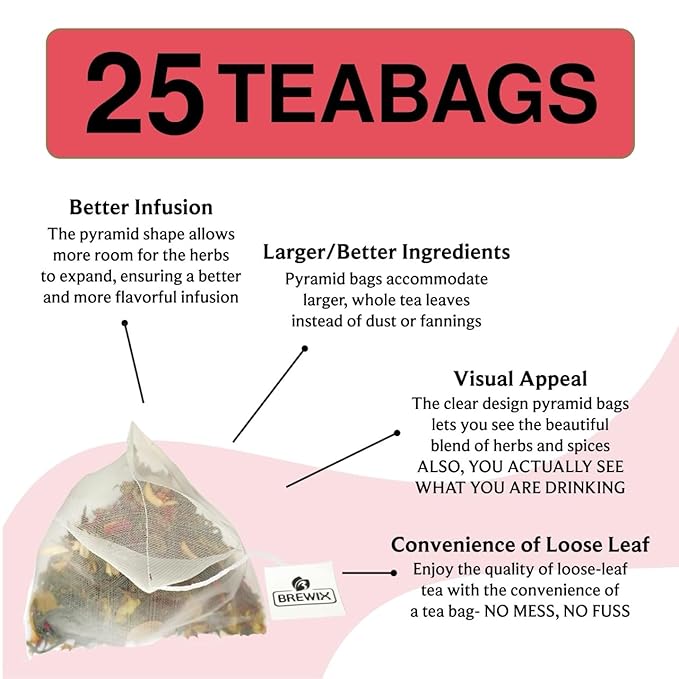 BREWIX, Strawberry Mint Tea Bags (25 Plant Based Tea Bags), Made with - Black Tea, Hibiscus, Spearmint, Fennel, Strawberry | Caffeinated & Sugar-Free