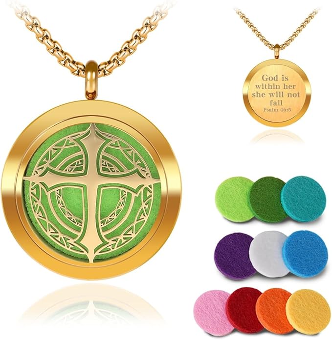 Aromatherapy Diffuser Necklace-Cross Essential Oil Necklace,Aromatherapy Diffuser Pendant for Men and Women,Portable,Suitable for Yoga,Meditation,Travel,Stress Relief Gift(Gold 30mm)