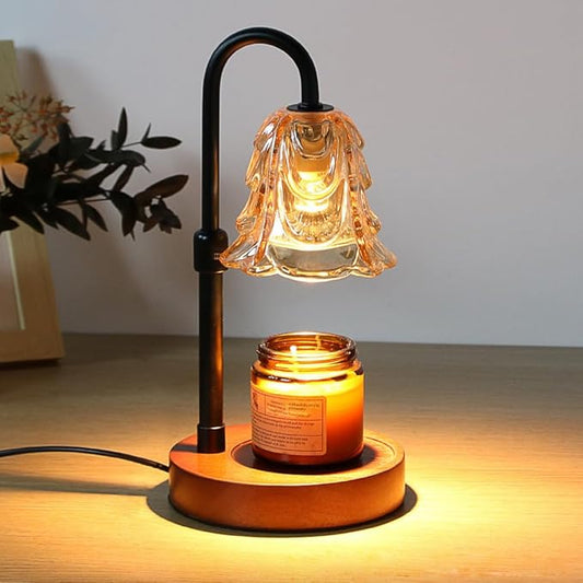 Candle Warmer Lamp with Timer and Dimmer - Adjustable Height Wax Melt Warmer, 4 Brightness Levels, 2/4/8H Timer, Wood Base & Glass Shade, Includes 2 GU10 Halogen Bulbs for Home Decor